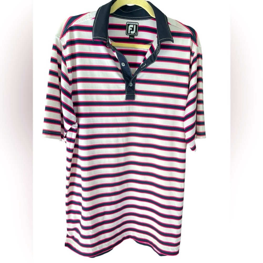 🔥⛳️FOOTJOY mens size M golf shirt in white/hot pink/navy blue. Like new!!